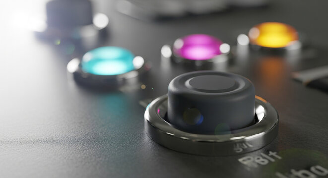 Close-up of a control panel with colorful buttons and a prominent gray knob