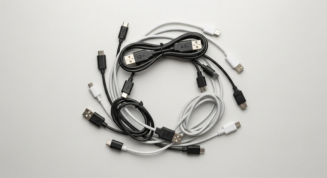 Coiled assortment of black and white electronic cables with various usb connectors