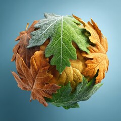 Fototapeta premium Colorful leaves forming a spherical shape. climate change global warming four seasons summer winter rainy spring weather seasonal change