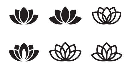 Set of lotus flower icon black outline and silhouette vector illustration for yoga meditation or spa. © Labib