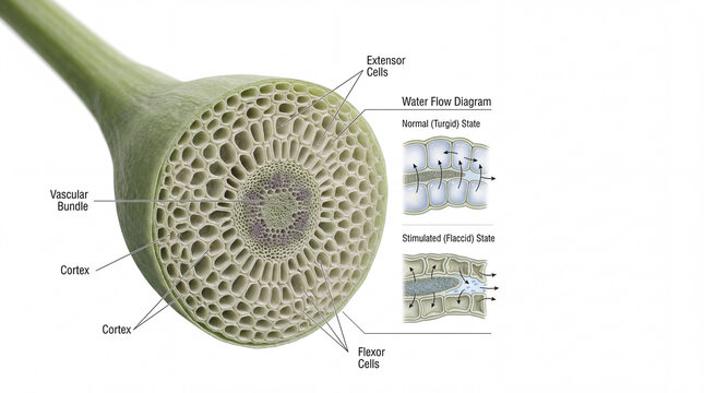 Detailed anatomical cross-section of Mimosa pudica pulvinus motor cells showing turgor pressure mechanism on white