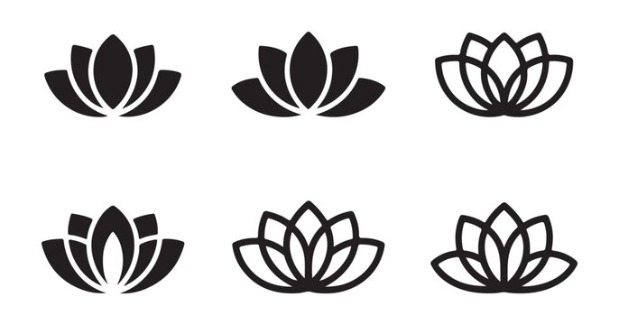 Set of lotus flower icon black outline and silhouette vector illustration for yoga meditation or spa.