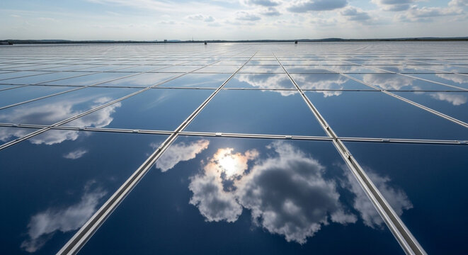 Large solar panel array reflecting clouds and sky