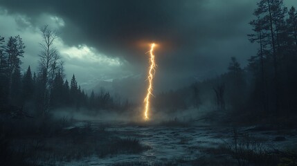 Fototapeta premium Surreal landscape featuring a powerful lightning strike illuminating a misty forest