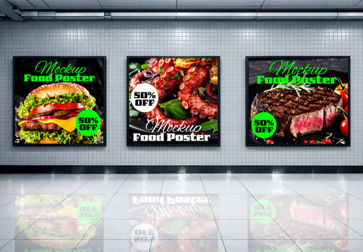 Food Poster Mockup Display in Subway Station Interior