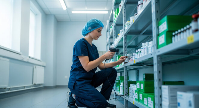 Woman in blue scrubs scanning a bottle on a shelf in a pharmacy storage room with green and white containers