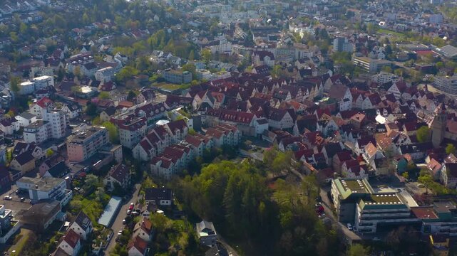 Aerial view of the city Leonberg in Germany on a sunny morning in early spring