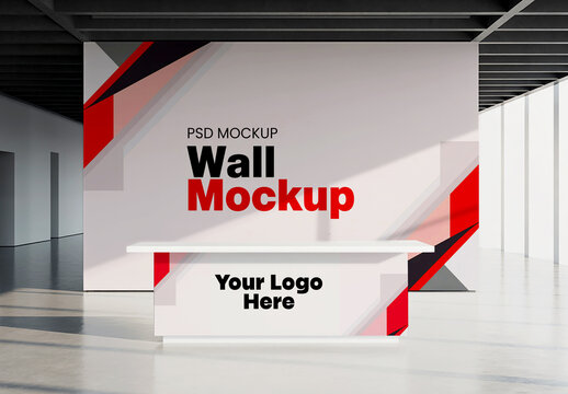 Large Wall and Reception Desk Mockup in Modern Office Interior with Red and Black Geometric Design