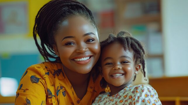 Cheerful elementary school teacher smiling with a young student in a bright classroom setting