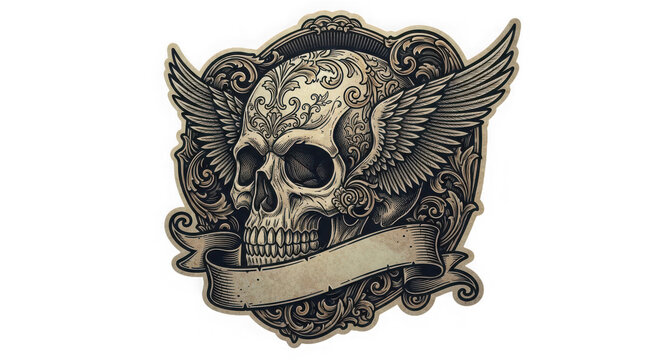 A skull with wings and a banner on transparent background