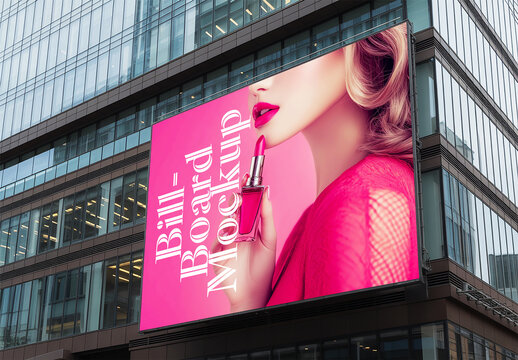 Large Square Billboard Mockup on Modern Glass Office Building with Pink Lipstick Advertisement
