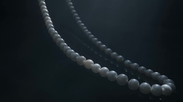 Gray pearl necklace on black background.