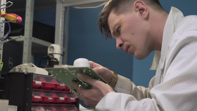 A young electronics engineer examines small details on a circuit board through a magnifying glass while sitting in the laboratory.