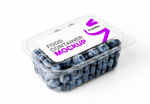 Plastic Food Container Mockup with Fresh Blueberries and White Label Isolated on White Background