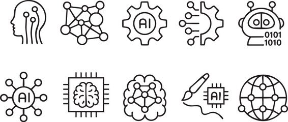 Obraz premium Collection of AI and machine learning icons representing artificial intelligence concepts and technology in a clean minimalist vector style for digital design