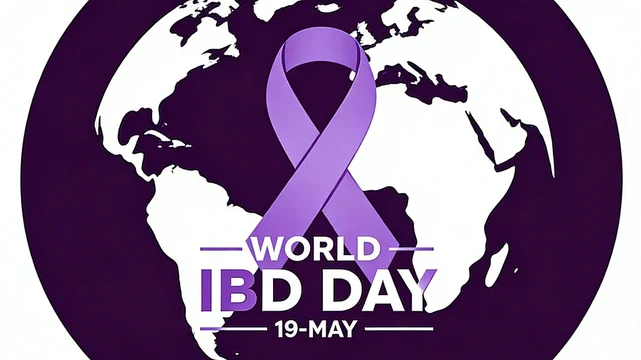 The combination of Earth and Purple Ribbon elements represents attention to inflammatory bowel disease, conveying healing care, and is suitable for World IBD Day health education promotion.