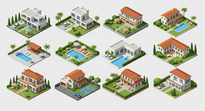 Collection of isometric modern and traditional houses with swimming pools and gardens.