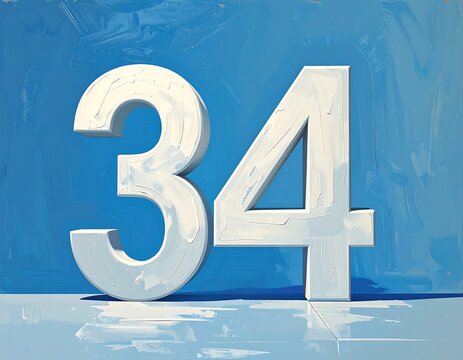 A painting shows the bold white number "34" with thick brushstrokes, set against a bright blue textured background