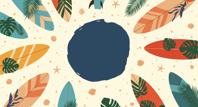 Summer beach background features colorful surfboards and tropical palm leaves around a dark blue central circle for seasonal promotion text.