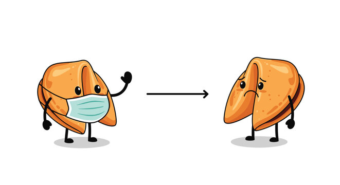 Educational graphic shows two fortune cookie characters practicing social distancing with one wearing a face mask to promote health and safety.