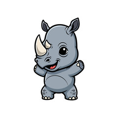 Fototapeta premium Chibi rhinoceros character illustration, cute gray rhino mascot standing with open arms, large horns and friendly smiling expression, vector isolated on white background.