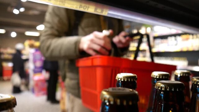A customer takes two bottles of beer from a retail display and puts them into a shopping basket