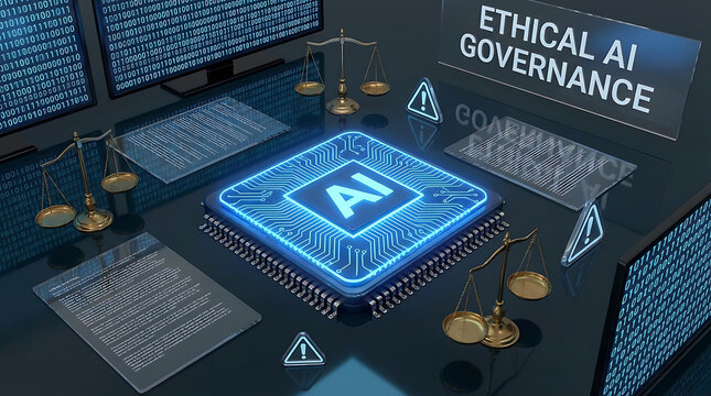 Intelligent microchip processor with glowing cyan circuitry plus justice scales and alert icons for documentation of binary sequences representing ethical governance and data security.