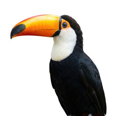 Obraz premium Colorful toucan with large beak isolated PNG, tropical bird with black plumage and vibrant orange bill on transparent background