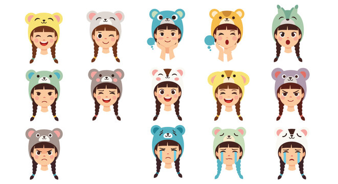Large set of girl avatar expressions wearing various animal themed hats like bear rabbit and cat in a cute cartoon style.
