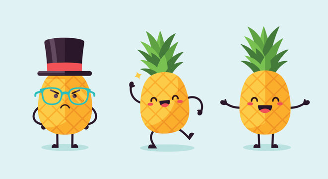 Set of three pineapple characters showing different moods and accessories including a top hat glasses and happy smiles.