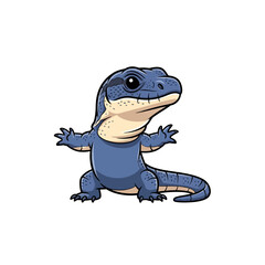 Fototapeta premium Cute blue chibi monitor lizard mascot character illustration with large black eyes and cream belly standing with open arms, stylized cartoon reptile vector on white background.