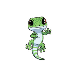 Fototapeta premium Cute green gecko mascot character in a chibi style, featuring large dark eyes, spotted skin pattern, and a striped tail, waving its hand while smiling, isolated on a white background.