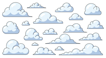 Obraz premium Large collection of white fluffy cartoon clouds in various shapes and sizes isolated on a clean white background.
