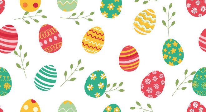 Seamless easter pattern showcases a vibrant variety of decorated eggs and green leafy branches scattered across a clean white background.