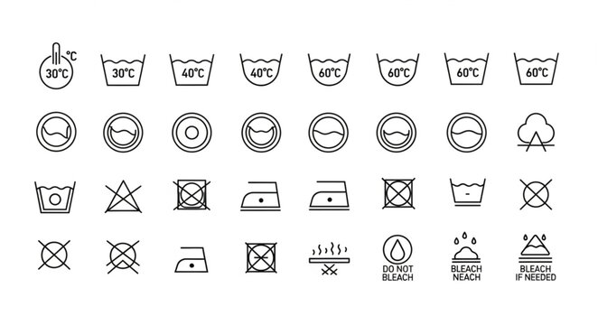 Collection of laundry care symbols and washing instructions icons.