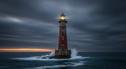 Obraz premium Lighthouse standing tall amidst stormy seas.