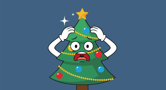 Scared christmas tree character with its hands on its head shows a shocked expression with wide eyes and an open mouth.