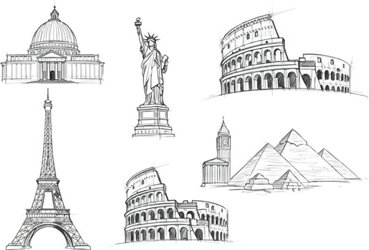 Collection of iconic landmarks and monuments from around the world in line art style