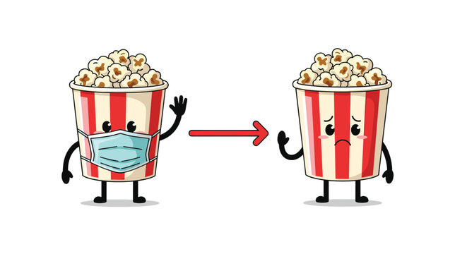 Two popcorn bucket characters showing a comparison between wearing a medical mask and feeling sad without one.