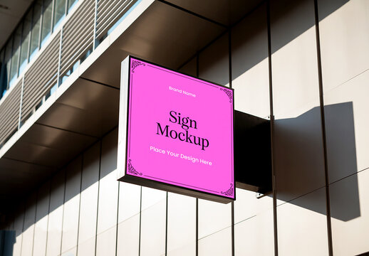 Square Sign Board Mockup on Modern Building Exterior Wall