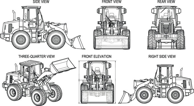 Wheel loader construction machine multi view technical drawing with front side rear and perspective detailed engineering line illustration