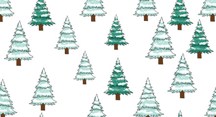 Obraz premium Elegant seamless pattern of green pine trees covered in thick white snow on a white background for winter and holiday designs.