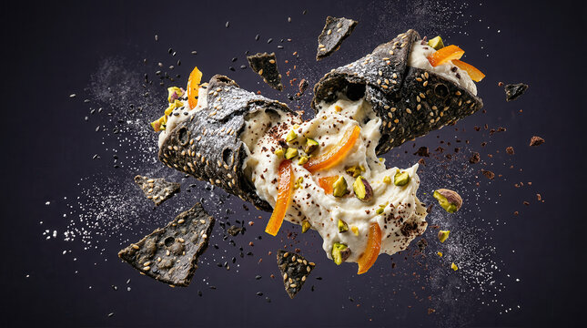 Delicious cannoli dessert explodes with chocolate shell and creamy filling