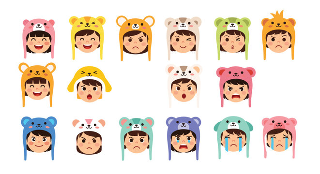 Collection of young girls wearing different animal-themed hats shows a variety of facial expressions from happy to angry.