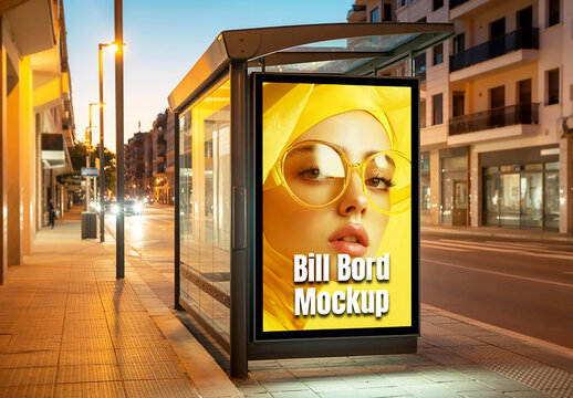 Vertical Billboard Mockup at City Bus Stop Shelter During Golden Hour Sunset with Fashion Model