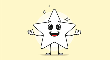 Fototapeta premium Happy white star character with sparkling eyes and wide open arms standing against a glowing yellow circular background.