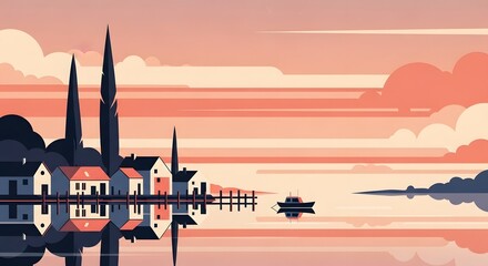 Naklejka premium Modern waterfront houses at sunrise. Luxury living and vacation rental concept. Minimalist buildings reflecting on still water surface