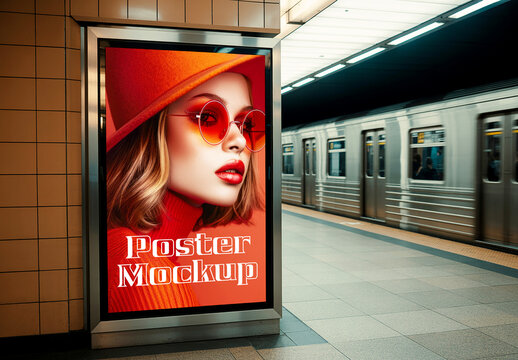 Vertical Poster Mockup on Wall in Subway Station Platform with Speeding Train and Fashion Model