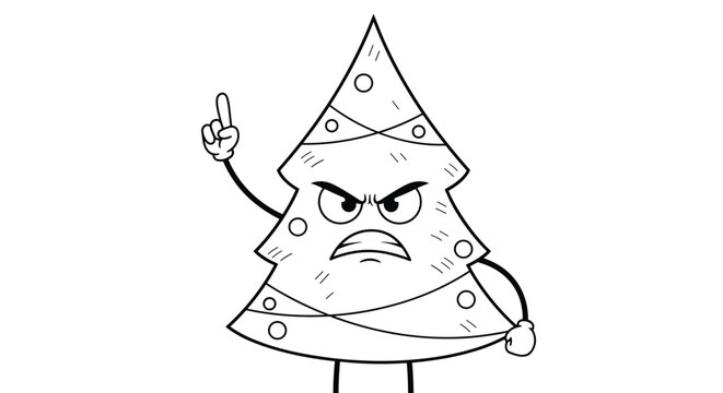 Angry Christmas tree cartoon character in black and white line art pointing its finger up with a frustrated expression on white.