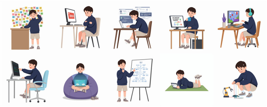 Character set of a young programmer boy experiencing various emotions while coding, gaming, and learning robotics